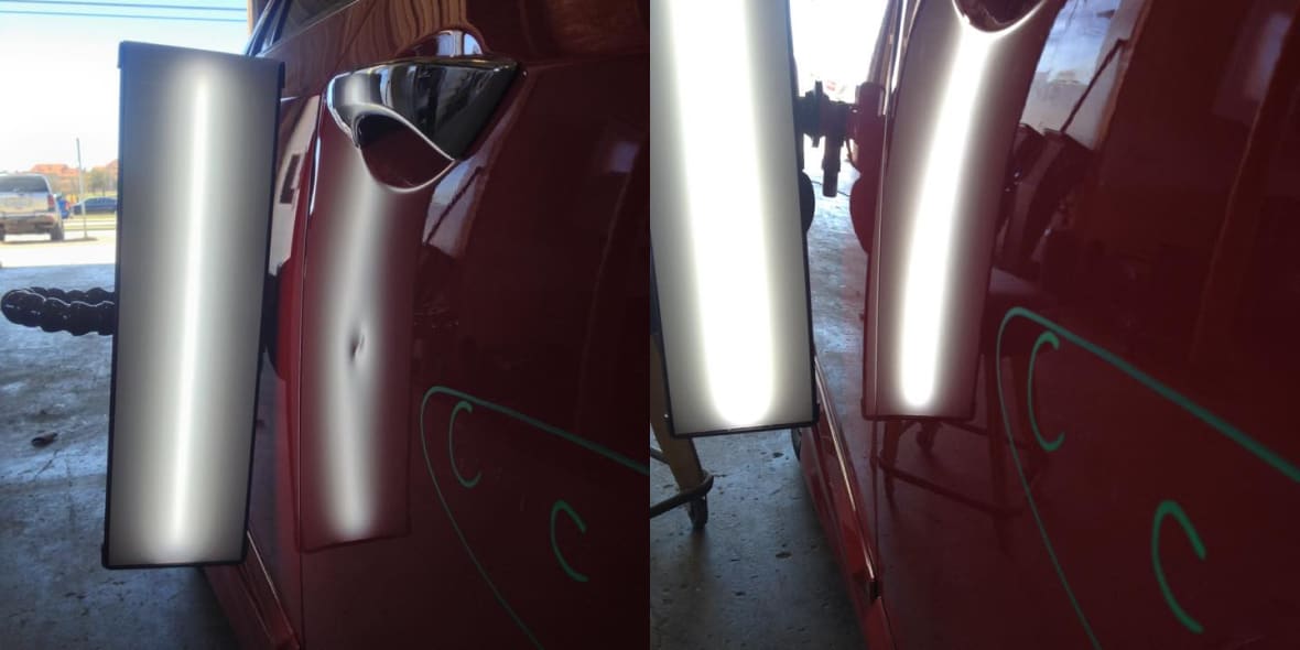 Before and after paintless dent repair in Austin.