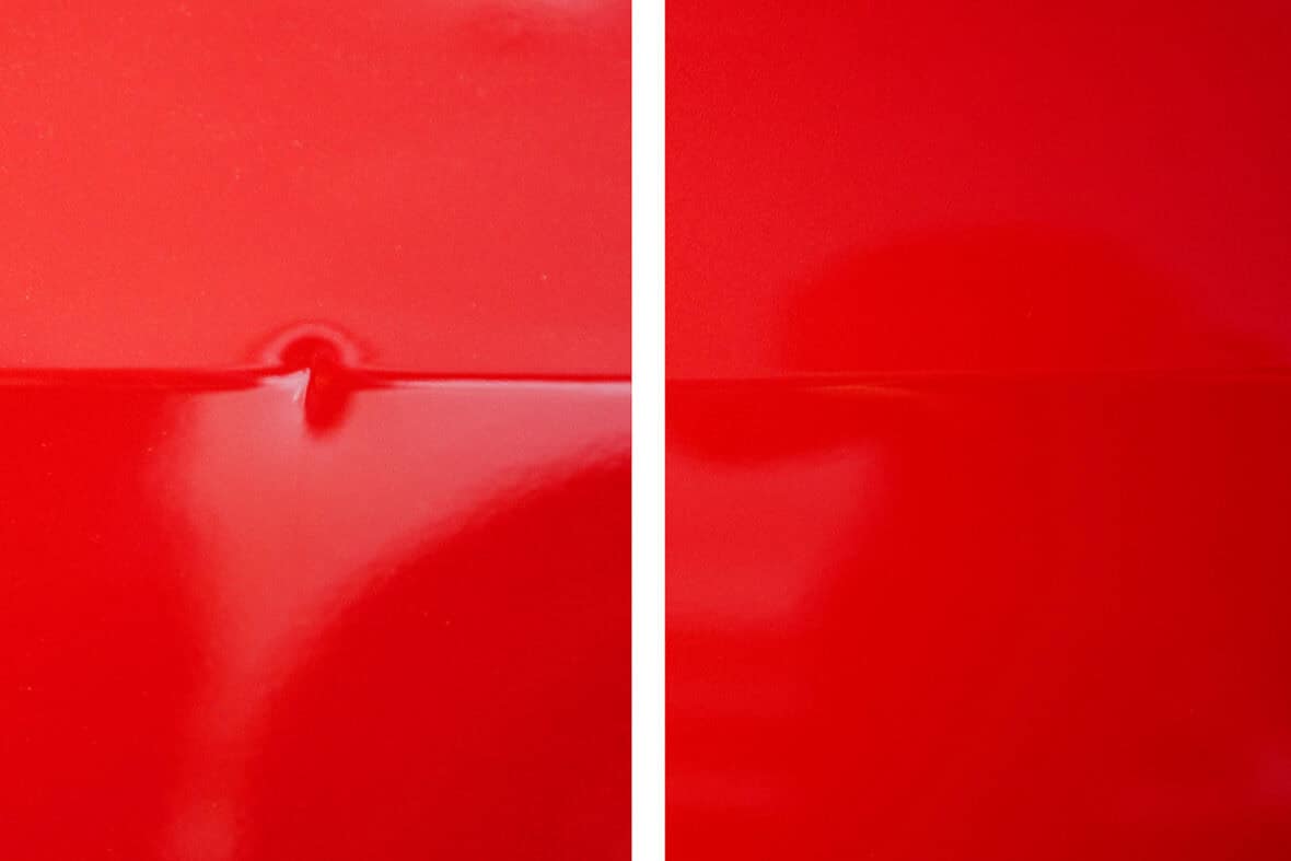 Before and after photos of a red car door repaired with Austin PDR services.