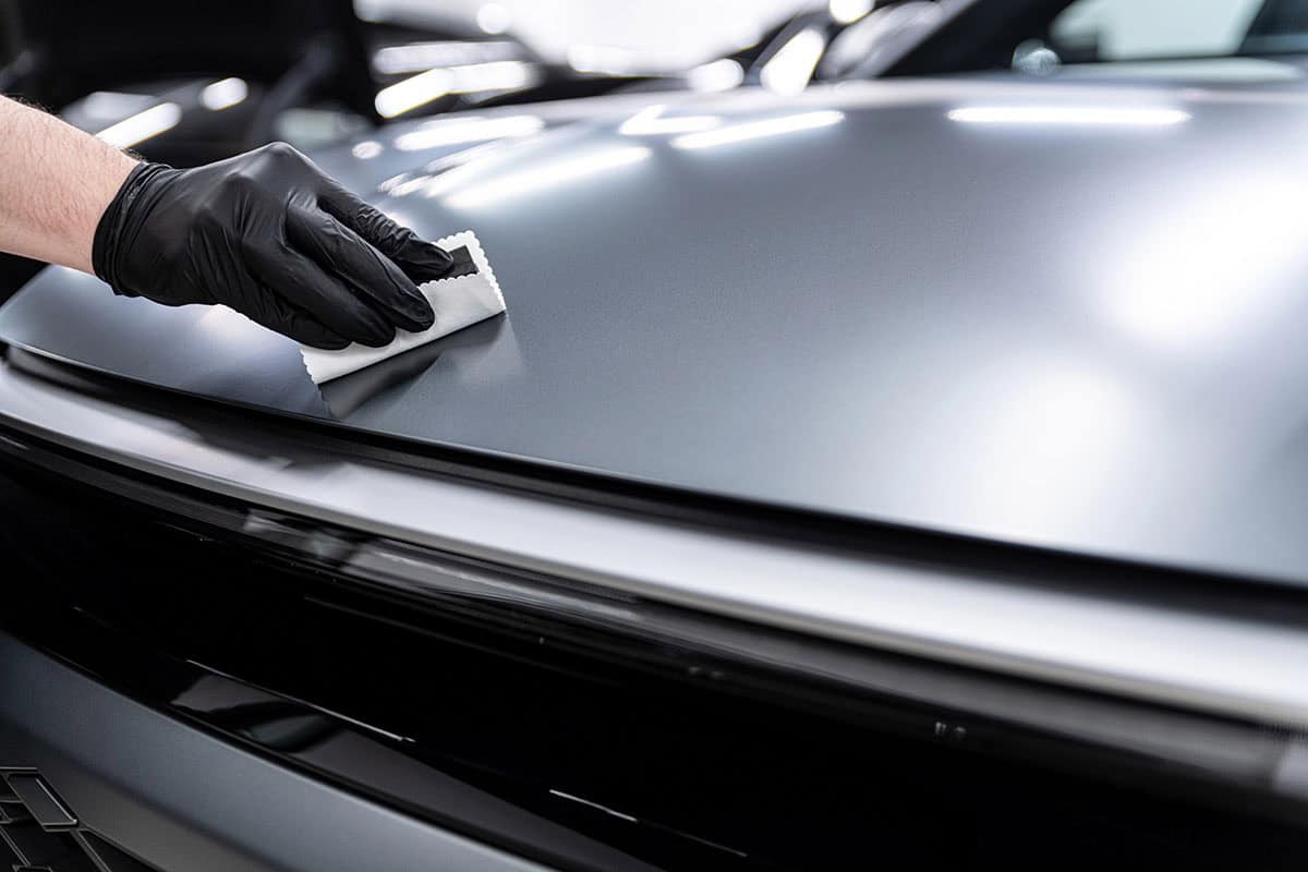 A person wearing black gloves is cleaning the hood of a car with a microfiber cloth, under bright lights in a garage setting.